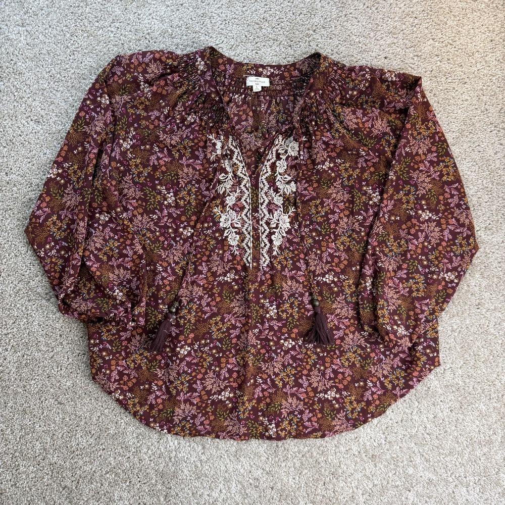 Mason & Belle Blouse Womens Large Red Floral Embroidered Boho Long Sleeve Tunic